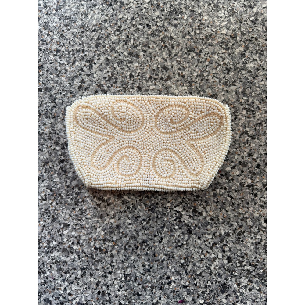 Vintage Cream Seed Bead Clutch‎ Swirl Scroll Pattern Ivory Evening Bag 7x4